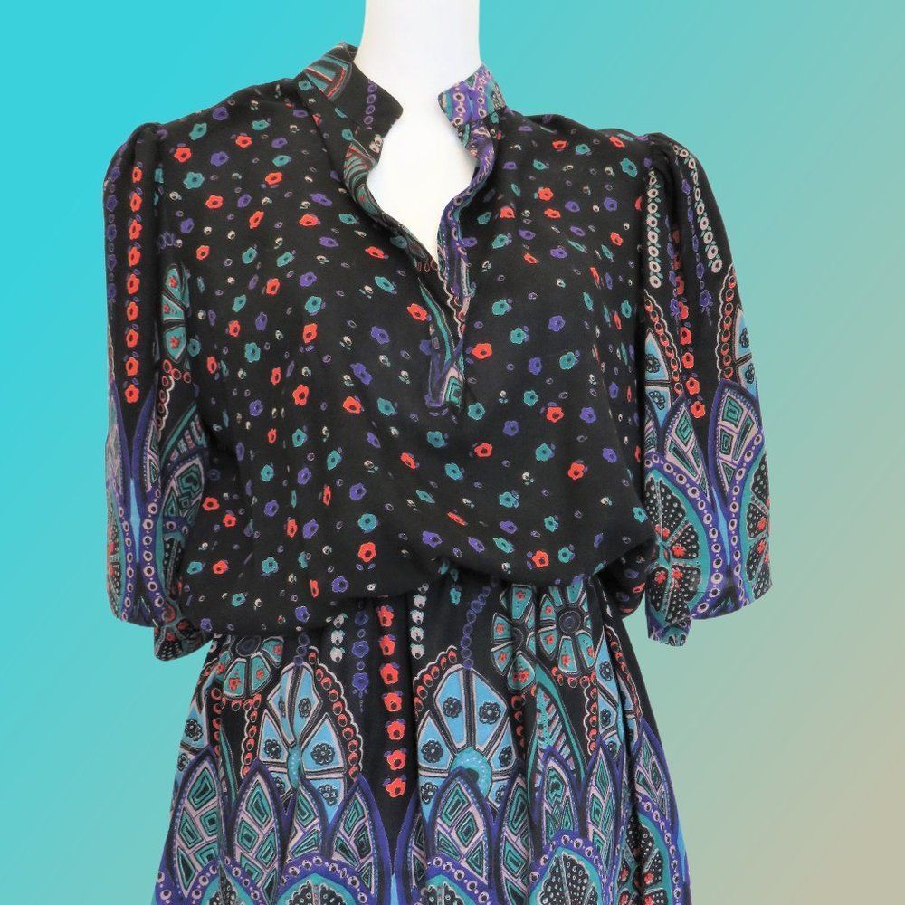 Multi Color Tunic Black Tunic Blouse with Colorful Print....726
